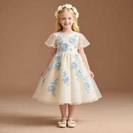 Elegant Girls' Dress with Blue Floral Embroidery - Perfect for Weddings & Summer Events