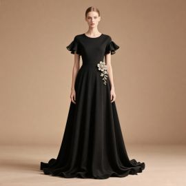 Elegant Black Evening Gown with Ruffled Sleeves & Floral Embellishment