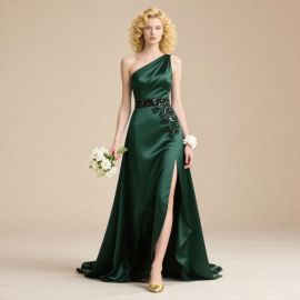 Emerald Green One - Shoulder Satin Evening Gown with Embroidered Waistband & High Slit