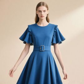 Elegant Blue Dress: Ruffled Sleeves & Belted Waist for Chic Summer Looks