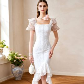 Elegant White Lace Dress: Ruffled Sleeves, Square Neck & Mermaid Hem - Vintage Chic Women's Fashion