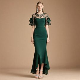 Elegant Emerald Green Mermaid Gown with Lace Sheer Sleeves & Floral Appliqués - Evening Dress