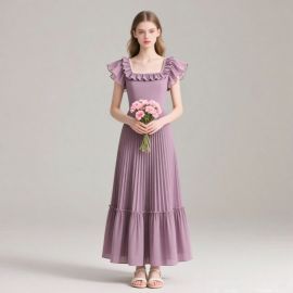Purple Ruffled Square Neck Pleated Maxi Dress - Elegant Summer Style