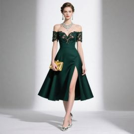 Emerald Green Off-Shoulder Lace Evening Dress with High Slit - Elegant Formal Gown for Weddings & Parties
