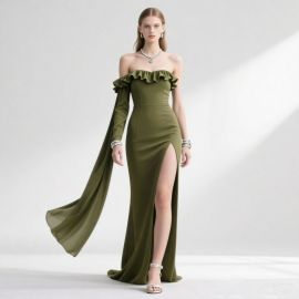 Elegant Olive Green Off-Shoulder Ruffle One-Sleeve High Slit Evening Dress