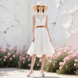 Elegant White Sleeveless Dress with Lace Collar & Tiered Skirt - Summer Style