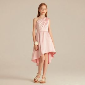 Pink Satin One - Shoulder High - Low Hem Flower Girl Dress