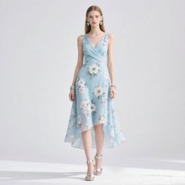 Light Blue Floral Print Sleeveless V-Neck Asymmetric Midi Dress