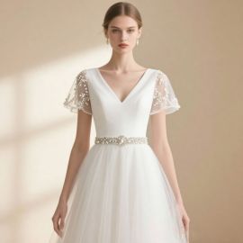 Elegant Short - Sleeve V - Neck Wedding Dress with Pearl Embellished Tulle Skirt