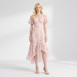 Pink Floral High-Low Hem Chiffon Dress - Elegant Summer Style