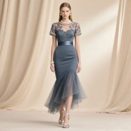 Elegant Lace Mermaid Dress: Short Sleeves, High-Low Hem, Formal Evening Gown