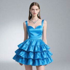 Vibrant Blue Satin Short Dress with Tiered Ruffles & Spaghetti Straps - Chic Prom/Cocktail Wear