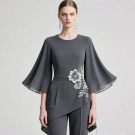 Elegant Dark Gray Blouse: Flare Sleeves, Floral Embroidery & Asymmetric Hem - Chic Women's Top