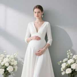 Elegant White Maternity Dress: V-Neck Long-Sleeve Gown for Pregnant Women