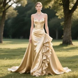 Gold Satin Strapless Gown with Ruffled Skirt - Elegant Formal Evening Dress
