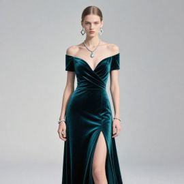 Emerald Green Velvet Off - Shoulder Evening Gown with High Slit