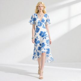 Elegant Blue Floral Print Asymmetric Hem V - Neck Short Sleeve Midi Dress