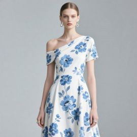 Elegant One - Shoulder Blue Floral Print Midi Dress for Women