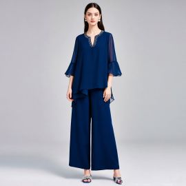 Elegant Navy Blue Two - Piece Set: Flare Sleeve Blouse with Beaded Collar & Wide Leg Pants