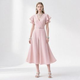 Pink V-Neck Ruffled Sleeve Belted Midi Jumpsuit - Elegant Summer Fashion