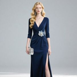 Navy Blue V-Neck Waist-Cinching Floral Embellished Long Evening Dress with Slit