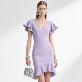 Lavender V-Neck Ruffled Sleeve Asymmetric Hem Bodycon Dress - Elegant Women's Fashion