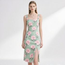 Elegant Floral Print Sleeveless Square Neck Slit Midi Dress