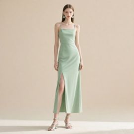 Sage Green Spaghetti Strap Slit Maxi Dress - Elegant Evening Party Gown