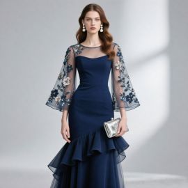 Elegant Navy Blue Mermaid Evening Gown with Floral Embroidered Sheer Sleeves & Ruffle Hem - Formal Occasion Dress