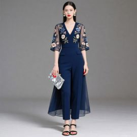 Elegant Navy Blue Floral Embroidered Jumpsuit with Sheer Sleeves & High Slit Hem
