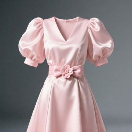 Chic Pink Satin Dress: Puffed Sleeves, V-Neck & Floral Waistband - Vintage Glamour