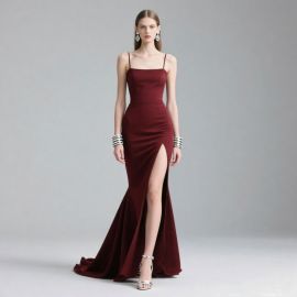 Elegant Burgundy Spaghetti Strap Mermaid Gown with High Slit
