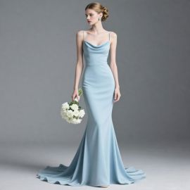 Elegant Light Blue Spaghetti Strap Mermaid Evening Dress with Train
