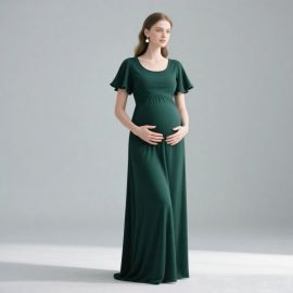 Maternity Emerald Green Long Maxi Dress with Flutter Sleeves - Elegant Pregnancy Gown