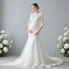 Elegant Maternity Mermaid Wedding Dress with Lace Long Sleeves & Train