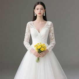Elegant White Lace Long - Sleeve Wedding Dress | Timeless Bridal Gown for Your Special Day