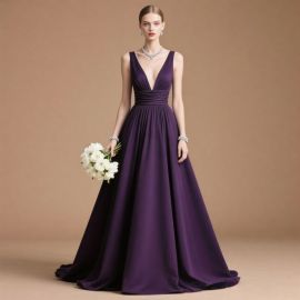 Elegant Deep Purple V-Neck A-Line Gown with Ruched Waist - Formal Evening Dress