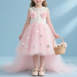 Girls Pink Starry Tulle Princess Dress with Lace & Flower Details