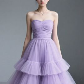 Lavender Strapless Ruffled Tulle Prom Dress - Elegant Party Gown