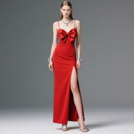 Red Spaghetti Strap Bow Detail Slit Maxi Dress