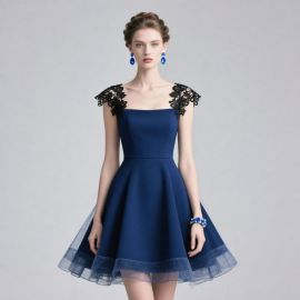 Elegant Navy Blue Short Prom Dress with Lace Shoulder & Tulle Skirt