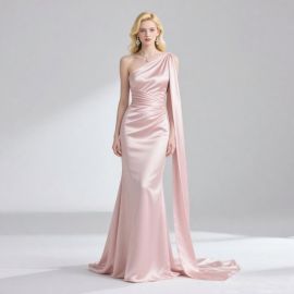 Elegant One - Shoulder Satin Evening Gown in Blush Pink, Mermaid Silhouette with Draped Cape Sleeve