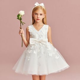 Elegant Kids White Dress with Butterfly & Flower Embroidery Tulle Skirt for Party/Wedding