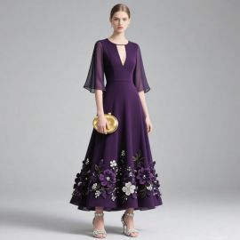 Elegant Purple Gown with Floral Embroidery & Sheer Sleeves - Formal Evening Dress