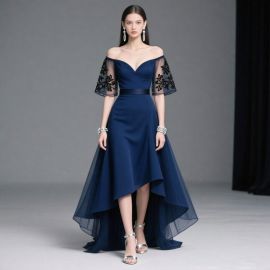 Elegant Navy Blue Off - Shoulder Gown with Lace Sleeves & High - Low Hem