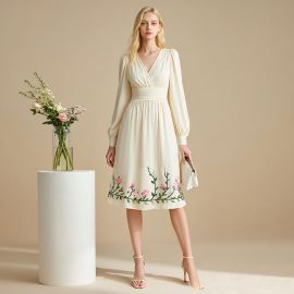 Elegant Ivory Long - Sleeve V - Neck Midi Dress with Floral Hem Embroidery