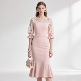 Elegant Pink Mermaid Dress with Lace Sleeves - Chic Office & Party Style