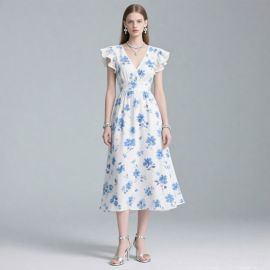 Elegant White Blue Floral V-Neck Ruffled Sleeve Midi Dress