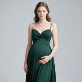 Elegant Emerald Green Maternity Dress: Spaghetti Strap Wrap Front Long Gown