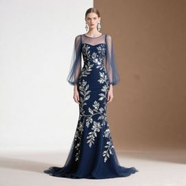 Navy Blue Mermaid Evening Dress: Sequined Floral Design & Long Sheer Sleeves